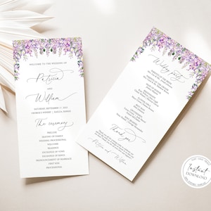 May include: Two wedding ceremony programmes with a purple floral design. The left programme features the names Patricia and William and the date of the wedding. The right programme lists the wedding party members and includes the text "Wedding Party" and "Thank You".
