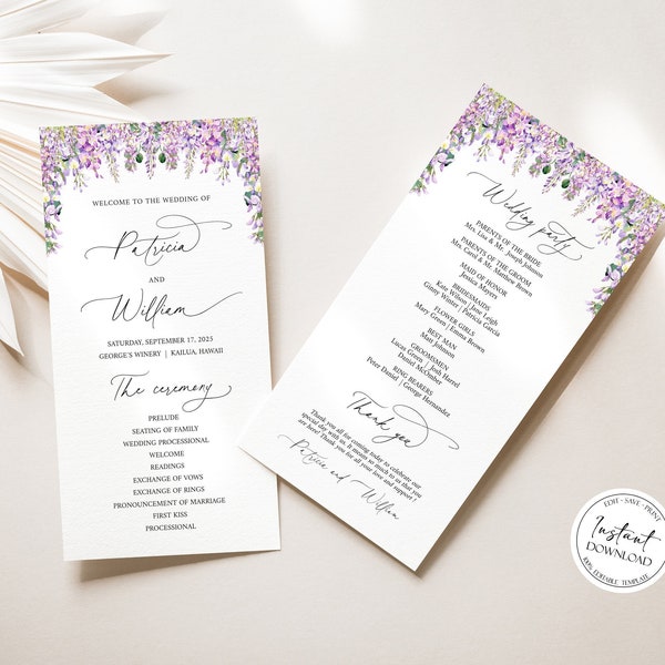 Watercolor Wisteria Purple Floral Wedding Program Template, Dusty Lilac Greenery Wedding Ceremony Program, Printable Wedding Program WW1