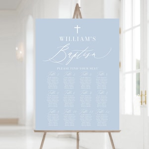 Dusty Blue Baptism Seating Chart Template, Editable White Cross Dusty Blue Baptism Seating Plan, Boy Baptism Decor, Religious Seating Chart
