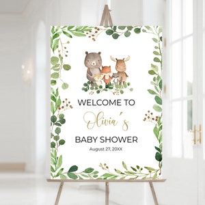 Modello modificabile di cartello di benvenuto per baby shower nel bosco, cartello di benvenuto per baby shower con animali della foresta Poster stampabile per doccia nel bosco rustico