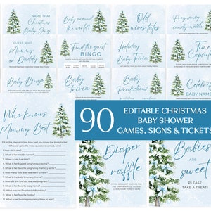 May include: A collection of 90 editable Christmas baby shower games, signs, and tickets. The designs feature a light blue background with watercolor Christmas trees. Game titles include "Baby Traits", "Baby Bingo", and "Diaper Raffle".