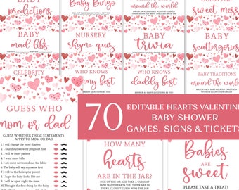 Pacchetto di giochi per baby shower di San Valentino, giochi per baby shower con cuori rossi e rosa per bambine stampabili, attività per baby shower modificabili per piccoli sposi V1