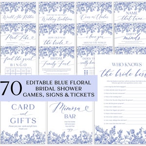 Editable Blue Floral Bridal Shower Games, Vintage Botanical Bridal Shower Game Bundle Printable Blue Victorian Bridal Party Games Package B3