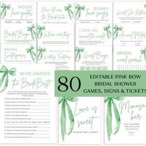 She&#39;s Tying the Knot Bridal Shower Games, Green Bow Bridal Shower Game Bundle, Printable Sage Green Ribbon Bow Bridal Party Games Package