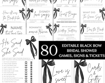 Black Bow Bridal Shower Game Bundle: 80 Printable Games (Digital Download)