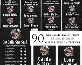Halloween Bridal Shower Game Bundle, Till Death Do Us Part Bridal Shower Games, Printable Black Gothic Floral Skull Bridal Party Games H3
