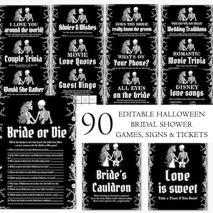 Black Halloween Bridal Shower Games, Till Death Do Us Part Bridal Shower Game Bundle, Printable Gothic Couple Skeleton Bridal Party Games H2