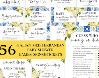 Giochi per baby shower con piastrelle blu modificabili e limone, pacchetto di giochi per baby shower della Costiera Amalfitana italiana, gioco per baby shower estivo a Positano nel Mediterraneo M5