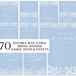 Editable Dusty Blue Bridal Shower Games Vintage Floral Bridal Shower Game Bundle Printable Blue Victorian White Bridal Party Game Package B4