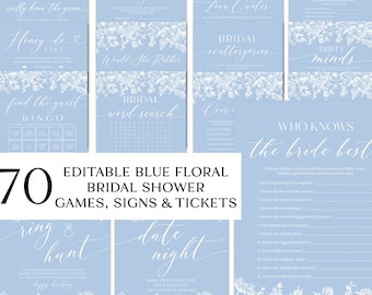 Editable Dusty Blue Bridal Shower Games Vintage Floral Bridal Shower Game Bundle Printable Blue Victorian White Bridal Party Game Package B4