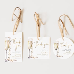Modèle d'étiquette de faveur de douche nuptiale de perles et de Prosecco, étiquettes de cadeau de douche nuptiale minimaliste, autocollants de douche, perles d'or et faveurs de Prosecco PP2