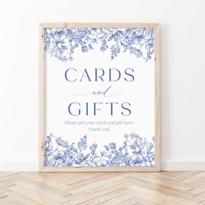 Enseigne florale bleue pour cartes et cadeaux, plaque bleue vintage pour cartes de mariage et cadeaux botaniques Something Blue Before I Do Bridal Shower Gift Table B3