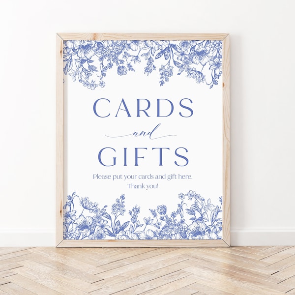 Blue Floral Cards and Gifts Sign, Blue Vintage Botanical Wedding Cards and Gifts Something Blue Before I Do Bridal Shower Gift Table Sign B3