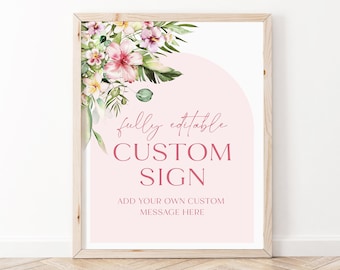 Hawaiian Custom Sign Template, Arch Tropical Bridal Shower Custom Sign Editierbar Luau Summer Aloha Greenery Hot Pink Erstellen Sie Ihr eigenes Zeichen H1