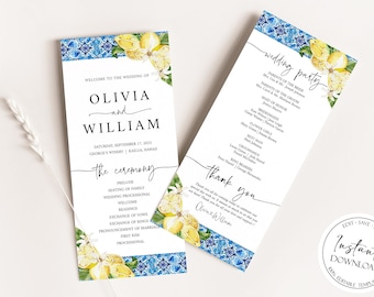 Blue Tiles Lemon Wedding Program Template, Editable Italian Mediterranean Wedding Ceremony Program Positano Amalfi Coast Wedding Program W13
