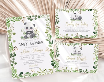 May include: A set of three baby shower invitations featuring a panda bear illustration with green foliage and gold accents. The invitations include a main invitation, a book request card, and a diaper raffle card.