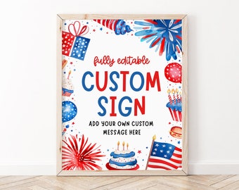 Editable 4th of July Birthday Custom Sign, 4th Of July 1st Birthday Party Decor, Independence Day Patriotic Red White Blue Party Sign LF1