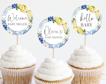 Editable Blue Tiles Lemons Baby Shower Cupcake Toppers, Printable Italy Mediterranean Baby Shower Cake Labels Amalfi Coast Shower Decor M5