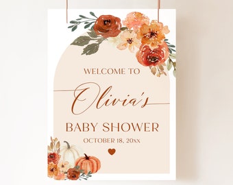 Cartel de baby shower de otoño, arco naranja quemado otoño calabaza baby shower signo de bienvenida, un pequeño signo de baby shower de calabaza otoño baby shower F4
