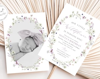 Wildflower Birthday Invitation Template, Our Little Wildflower Invite, Wildflower Garden Birthday Invitation, Girl 1st Birthday Invite W2