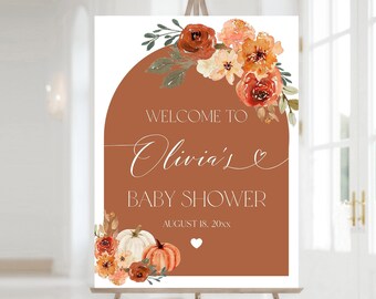Pumpkin Baby Shower Welcome Sign Template, Fall Baby Shower Poster, Autumn Arch Burnt Orange Terracotta Pumpkin Baby Shower Welcome Sign