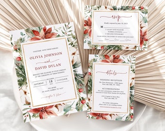 May include: A set of three wedding invitation cards with a floral design featuring poinsettia, berries, and greenery. The cards are decorated with gold accents and have a white background. The text on the cards reads "Olivia Johnson and David Dylan", "RSVP", and "Details".