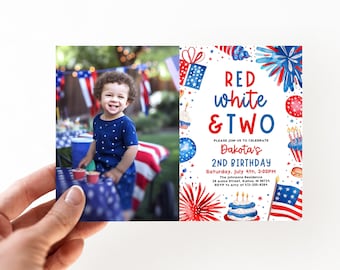 Red White and Two Birthday Invitation: Patriotic 4th of July (Digital Download)  LF1