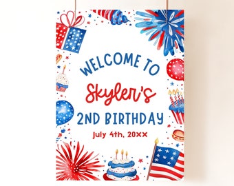 Panneau de bienvenue pour l'anniversaire du 4 juillet : étoiles et rayures patriotiques (modèle modifiable) LF1