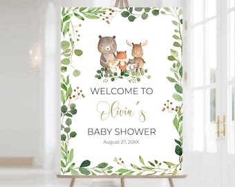 Redigerbar grönska skogsmark babyshower-välkomstskylt mall, skogsdjur babyshower-skylt skog utskrivbar rustik skogsmark babyshower-affisch