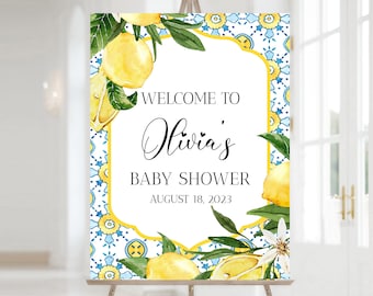 Plantilla de cartel de bienvenida para baby shower con azulejos azules y limón, póster editable para baby shower de la costa italiana de Amalfi y Positano, baby shower mediterráneo M4
