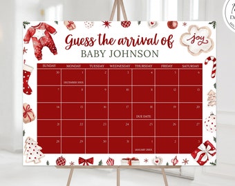 May include: A red and white Christmas-themed printable baby shower game. The game is a calendar with the text "Guess the arrival of Baby Johnson" and a gingerbread cookie with the word "joy".