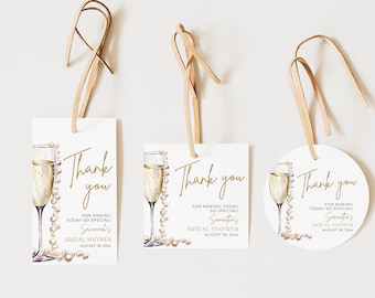Pearls and Prosecco Bridal Shower Favor Tag Template, Minimalist Bridal Shower Gift Tags, Shower Stickers, Gold Pearls & Prosecco Favors PP2