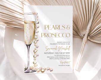 Modèle d'invitation de douche nuptiale de perles et de prosecco, invitation de douche nuptiale de perles minimaliste imprimable, perles et douche de mariage de prosecco PP2