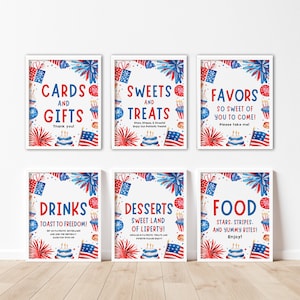 Letreros de fiesta de cumpleaños del 4 de julio, Decoración patriótica de verano de barras y estrellas en rojo, blanco y azul imprimible, Decoraciones de fiesta del 4 de julio LF1