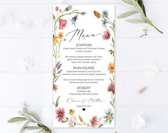 Cartão de menu de flores silvestres, modelo de menu de casamento de flores silvestres, menu de recepção de casamento floral editável, cartões de menu de jantar de vegetação rosa roxo W12
