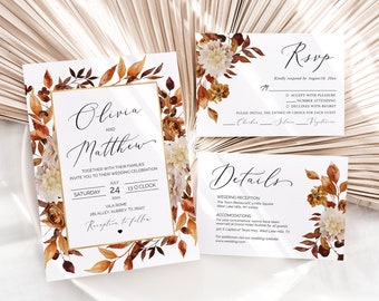 Fall Wedding Invitation Bundle, Rustic Autumn Terracotta Burnt Orange Leaves Wedding Invitation Suite, Boho Fall Wedding Invitation Set