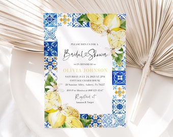 May include: A blue and white tiled border surrounds a white bridal shower invitation with a lemon and floral design. The invitation reads "Please join us for a Bridal Shower - In honor of - Olivia Johnson - Saturday July 24, 2023 at 2pm - Cottage Charm House - 28 Sansine Alley, Aubrey, Tx 76227 - RSVP to Monica at 808 123 4567 - Registered at Amazon & Target"