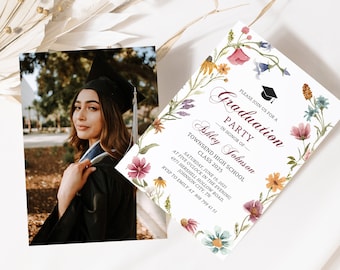 Wildflower Graduation Invitation Template, Class 2026, Wildflower Graduation Party Invitation, Printable High School Graduation Invite W10