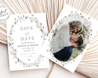 Wildflower Save the Date Card Template, Wildflower Wedding Save Our Date, Boho Photo Floral Engagement Announcement Instant Download W6