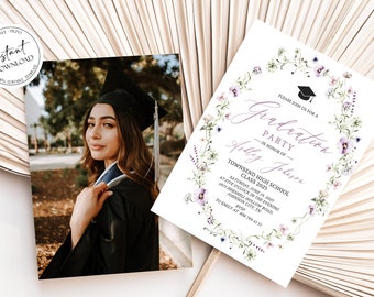 Pink Wildflower Graduation Invitation Template, Class 2026 Wildflower Graduation Party Invitation Printable High School Graduation Invite W2
