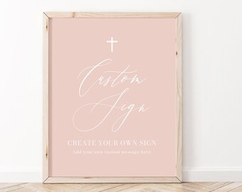 Modèle de signe personnalisé de baptême rose poussiéreux modifiable, signe personnalisé de baptême de croix blanche Blush rose, décor de baptême rose, décor de baptême de fille