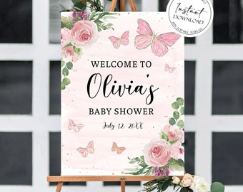 Schmetterlings-Babyparty-Willkommensschild, rosa Goldblumenschmetterlings-Mädchen-Zeichen, bearbeitbares Schmetterlings-Babyparty-Poster, rosa Schmetterlings-Party-Zeichen