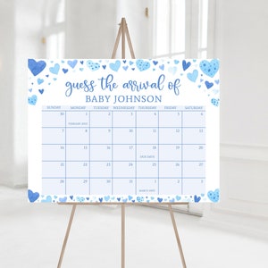 Blaues Valentine Baby Due Date Kalenderschild, Junge Little Sweetheart Babyparty Geburtstag des Babys erraten, Blaue Herzen Errate das Ankunftsdatum V2