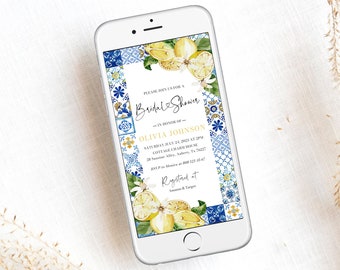Digital Italian Blue Tile Lemon Bridal Shower Invitation, Mediterranean Bridal Shower Phone Evite, Positano Blue Tile Electronic Invite M1