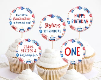 4th Of July 1st Birthday Cupcake Toppers, Printable Little Firecracker Birthday Cupcake Topper, Stars Patriotic First Birthday Decor LF1