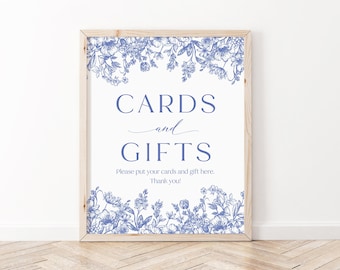 Blue Floral Cards and Gifts Sign, Blue Vintage Botanical Wedding Cards and Gifts Something Blue Before I Do Bridal Shower Gift Table Sign B3