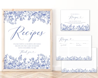 Blue Floral Recipe Card Template, Editable Blue Vintage Floral Bridal Shower Recipe Card, Printable Victorian Blue Kitchen Recipe Cards B3