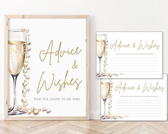 May include: A printable bridal shower advice card with a gold and white design. The card features a champagne flute with a pearl necklace and the text "Advice & Wishes for the soon to be Mrs."