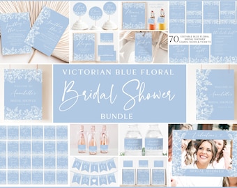 Dusty Blue White Floral Bridal Shower Invitation Bundle, Printable Vintage Floral Bridal Shower Games Bundle Something Blue Before I do  B4