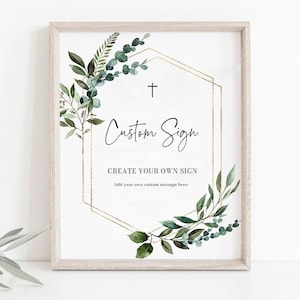 Editable Greenery Gold Cross Custom Baptism Sign Template, Greenery Gold Christening Custom Sign, Printable Custom First Communion Sign B1